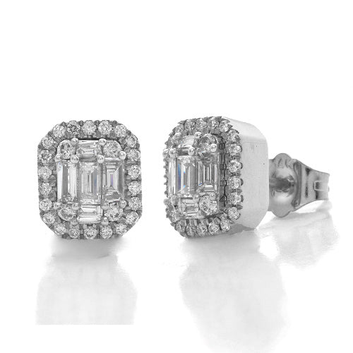 14KW 0.75CTW BAGUETTE DIAMOND HALO EARRINGS