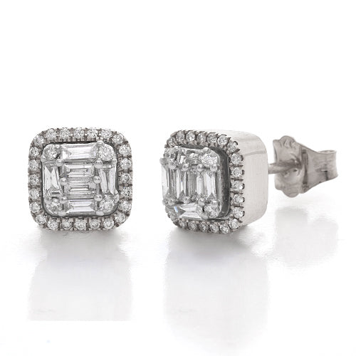14KW 0.50CTW BAGUETTE DIAMOND HALO EARRINGS